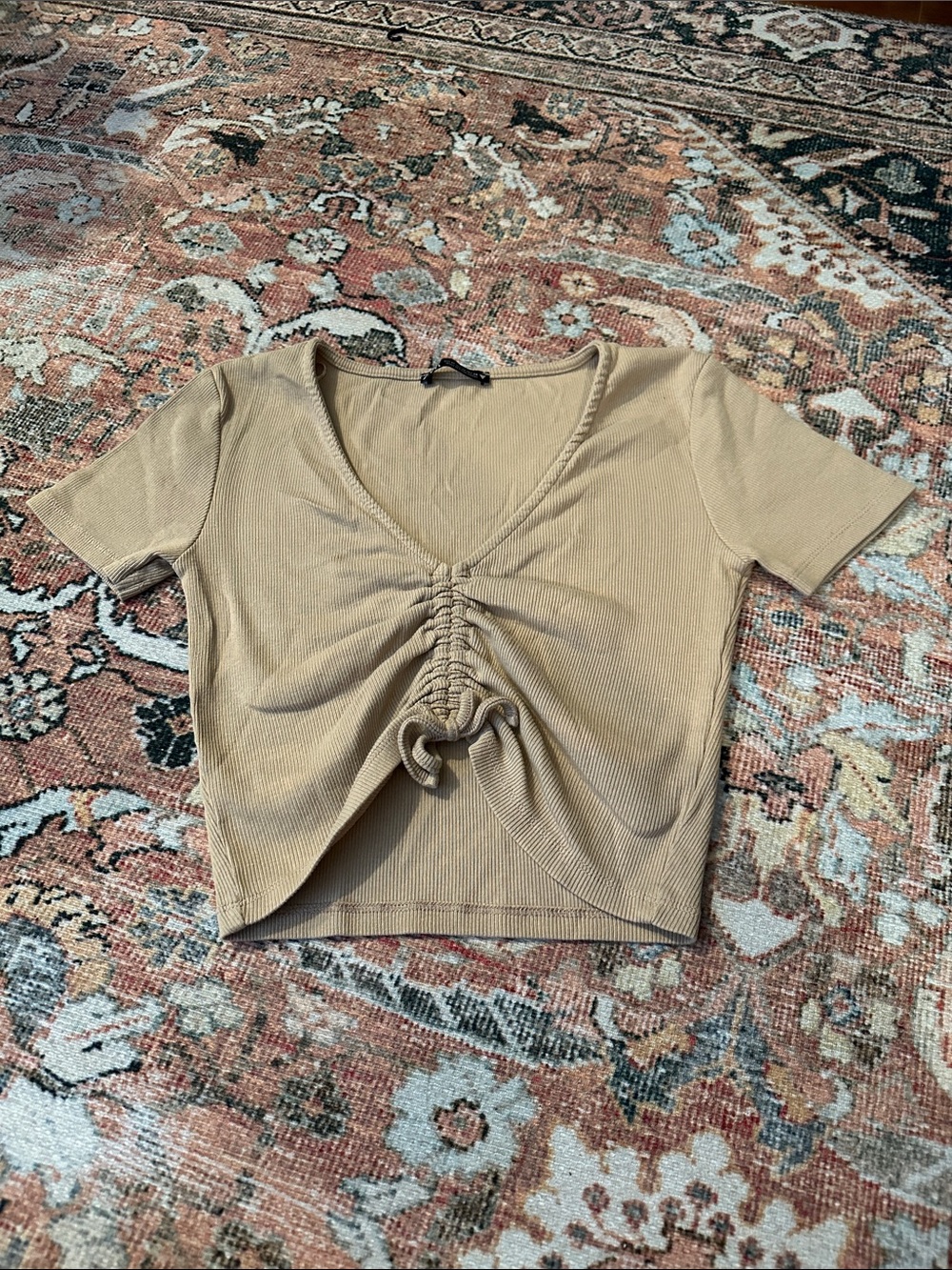 Zara Tan Ruched V-Neck Crop Top